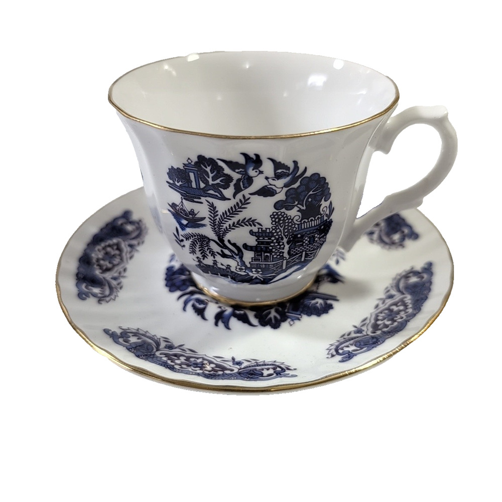 Vintage Royal Cuthbertson Scalloped Blue Willow Blue & White Tea Cup & Saucer